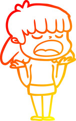 warm gradient line drawing of a cartoon woman talking loudly
