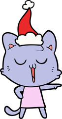 hand drawn line drawing of a cat singing wearing santa hat