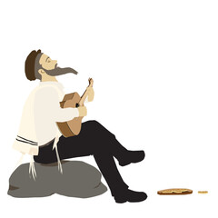 An observant Jewish guitar player sits on a rock and sings with his face up. In front of him is a round tin box with charity money inside.
Isolated colorful vector. wearing a tassel He has a casket.