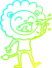 cold gradient line drawing of a cartoon roaring lion