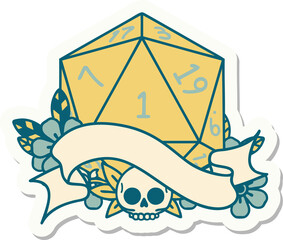 sticker of a natural one d20 dice roll