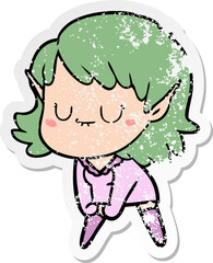 distressed sticker of a happy cartoon elf girl posing