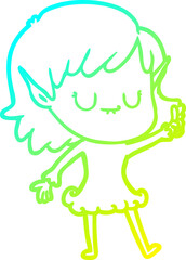 cold gradient line drawing of a happy cartoon elf girl