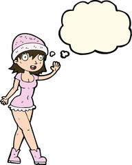 cartoon pretty girl in hat waving with thought bubble