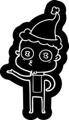 quirky cartoon icon of a weird bald spaceman wearing santa hat