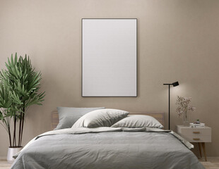 Blank white photo poster frame with black edge in modern, luxury beige brown bedroom, wood head board bed, gray blanket, pillow, bedside table, palm houseplant in sunlight. Template background 3D