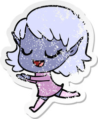 distressed sticker of a happy cartoon elf girl running