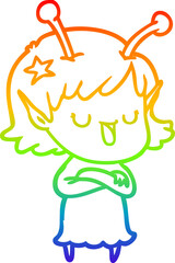 rainbow gradient line drawing of a happy alien girl cartoon