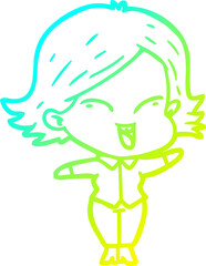 cold gradient line drawing of a happy cartoon girl