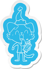 quirky cartoon  sticker of a panting dog with clipboard wearing santa hat