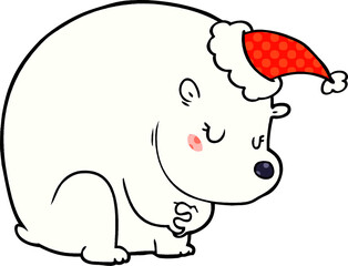 cute hand drawn comic book style illustration of a polar bear wearing santa hat