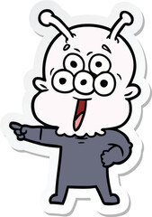 sticker of a happy cartoon alien pointing