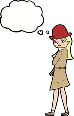 cartoon female spy with thought bubble