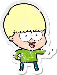 distressed sticker of a happy cartoon boy pointing