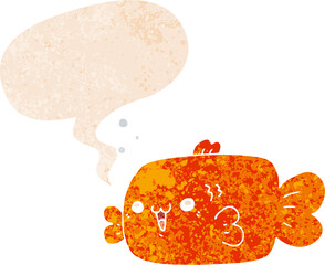 cartoon fish with speech bubble in grunge distressed retro textured style