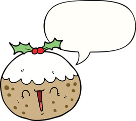 cute cartoon christmas pudding with speech bubble