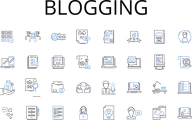 Blogging line icons collection. Vlogging, Socializing, Podcasting, Article writing, Content creating, Journaling, Online writing vector and linear illustration. Digital storytelling,Writing blog