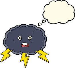 cartoon cloud and lightning bolt symbol with thought bubble