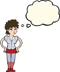 cartoon woman with hands on hips with thought bubble