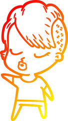 warm gradient line drawing of a cartoon pretty hipster girl