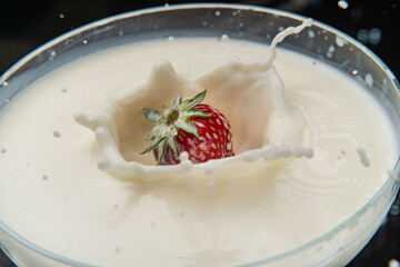 Strawberry falling into splashing milk. Isolated on white.