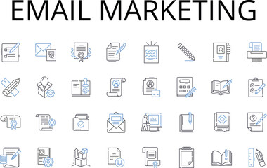 Email marketing line icons collection. Social media, Affiliate marketing, Content creation, Direct marketing, Video advertising, Event marketing, Mobile advertising vector and linear illustration