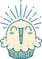 illustration of a traditional tattoo style happy singing cupcake