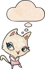 cartoon female cat with thought bubble in grunge texture style