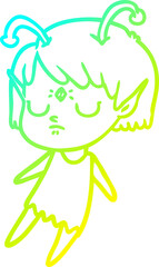 cold gradient line drawing of a cartoon alien girl