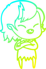 cold gradient line drawing of a cartoon laughing vampire girl