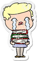 distressed sticker of a cartoon man crying over stack of books