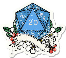 grunge sticker of a natural twenty D20 dice roll