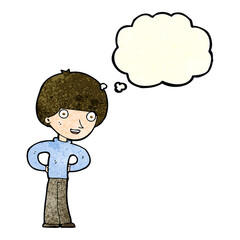 cartoon happy boy with hands on hips with thought bubble
