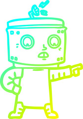 cold gradient line drawing of a cartoon robot pointing