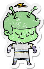 distressed sticker of a friendly cartoon spaceman