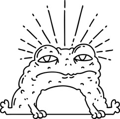 illustration of a traditional black line work tattoo style toad character