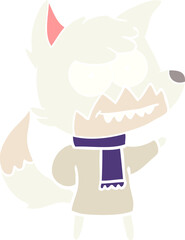 flat color style cartoon grinning fox in winter clothes