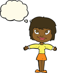 cartoon woman with open amrs with thought bubble