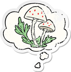 cartoon mushrooms with thought bubble as a distressed worn sticker