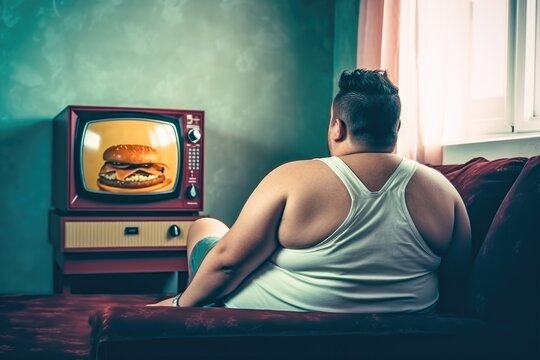 An obese man sitting on the couch watching fast food on the television bad health habits Generative AI Illustration
