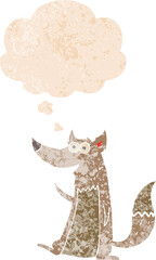 cartoon wolf with thought bubble in grunge distressed retro textured style