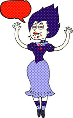 freehand drawn comic book speech bubble cartoon vampire girl with bloody mouth