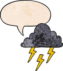 cartoon storm cloud with speech bubble in retro texture style