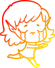 warm gradient line drawing of a cartoon crying elf girl
