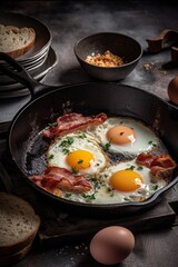 Bacon and eggs in pan, product photography, generated with AI Technology