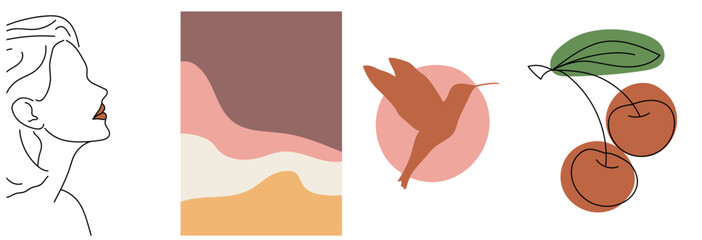 collection of modern simple posters: a linear silhouette of a girl, a caliber with a circle, cherry lines with geometric shapes and an abstract landscape on a colored background