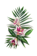 Obraz premium Pink white flowers lilies, tropical palm leaf and dieffenbachia, on white background with space for text. Top view, flat lay