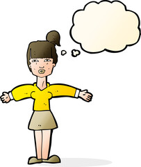 cartoon woman shrugging shoulders with thought bubble