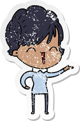 distressed sticker of a cartoon laughing woman