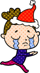 hand drawn comic book style illustration of a crying woman wearing santa hat